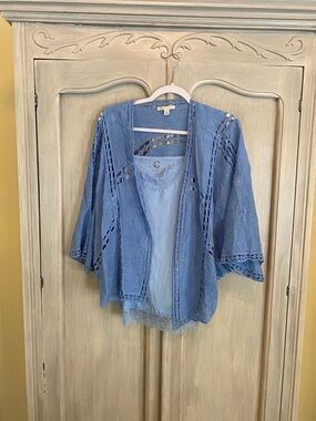 Cato Blue Lace Open-Front Kimono Top with Tank